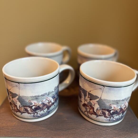 VTG Ralph Lauren Mugs 4 Polo Players Horses Ceramic 80s Country Old Money Coffee - Picture 1 of 13